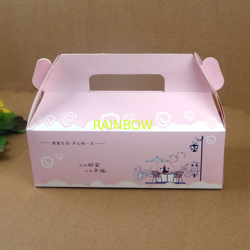 folding pink paper cake packaging box with handle custom design