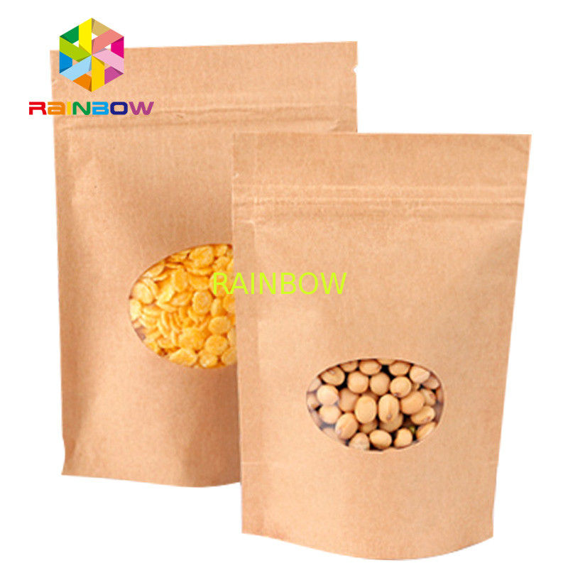Stand Up Brown Paper Bags For Candy Packaging With Window / Kraft paper bag for food