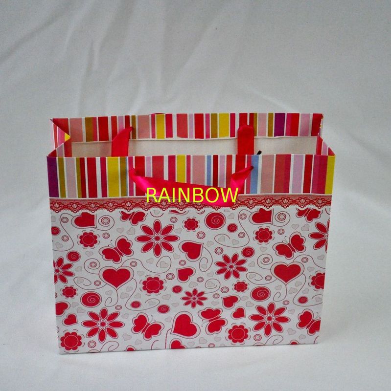 Ribbon Handle Custom Paper Bags , Eco-friendly Flowery Kraft Paper Bag