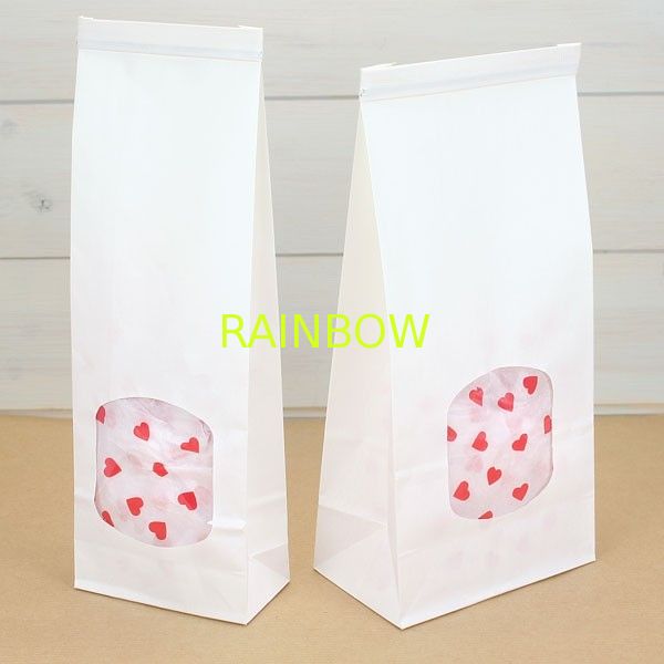 White Square Bottom Customized Paper Bags With Plum Window And Zipper