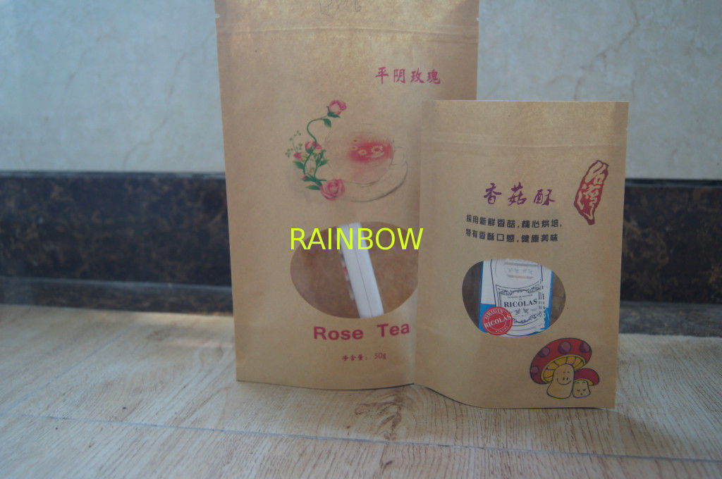 Snack Kraft Customized Paper Bags Brown Printed Stand Up With Zipper And Window