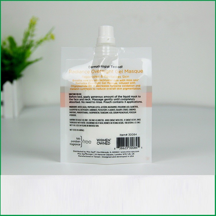 Liquid stand up pouch with spout / spout pouch packaging for gel masque