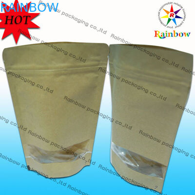 Stand Up k Brown Kraft Customized Paper Bags With Window For Snack Packaging
