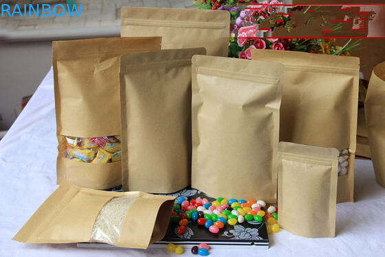 Stand Up Custom Kraft Paper Bags With Window and Zipper For Candy