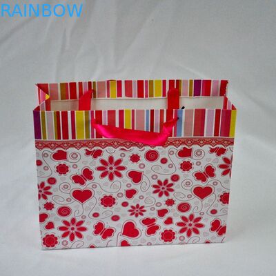 Ribbon Handle Custom Paper Bags , Eco-friendly Flowery Kraft Paper Bag