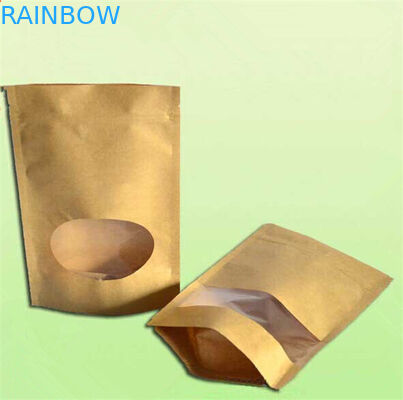 Brown Custom Paper Bags With Clear Window For Herbal Chips Packaging