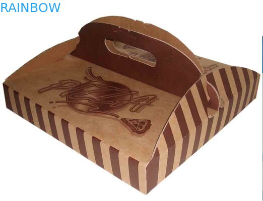 Stripe Folding Brown Paper Box Packaging With Handle For Pizza