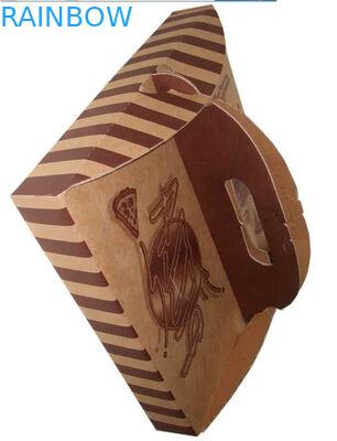 Stripe Folding Brown Paper Box Packaging With Handle For Pizza