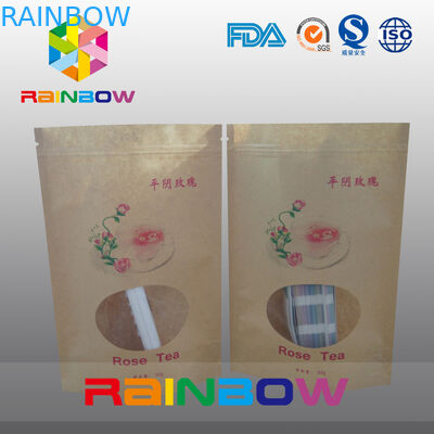 Food Grade Brown Kraft Customized Paper Bags With Front Window And Zipper