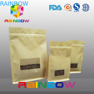 Flat Bottom Gusset Bags , Quad Seal Block Bottom Bag With Clear Window For Coffee