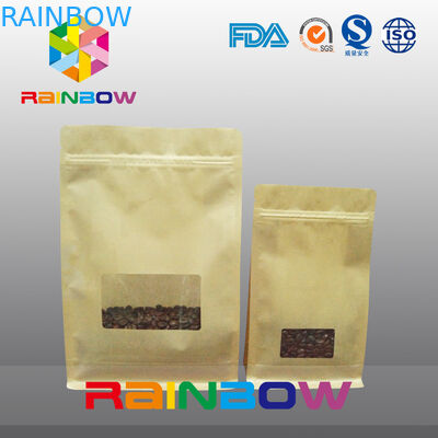 Flat Bottom Gusset Bags , Quad Seal Block Bottom Bag With Clear Window For Coffee