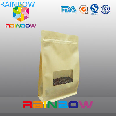 Flat Bottom Gusset Bags , Quad Seal Block Bottom Bag With Clear Window For Coffee