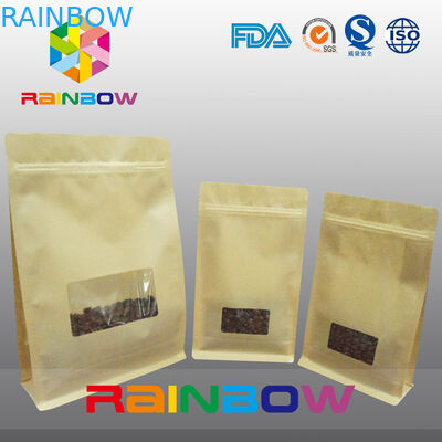 Flat Bottom Gusset Bags , Quad Seal Block Bottom Bag With Clear Window For Coffee