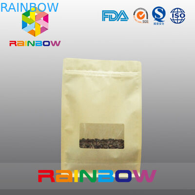 Flat Bottom Gusset Bags , Quad Seal Block Bottom Bag With Clear Window For Coffee