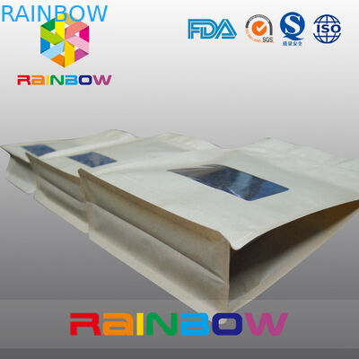 Block Bottom Craft Paper Coffee Bean Packaging Pouch With Zipper And Clear Winow