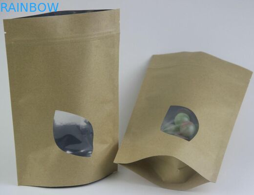 Kraft Brown Paper Tea Bag Foil Lined With Window / Stand Up Green Tea Pouch Zip