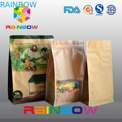 Customized Stand Up Kraft Paper Bag , Flat Bottom Guesst Bag For Dry Food / Candy With Zipper