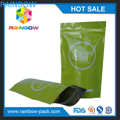 Aluminum foil Stand up customized logo Green printed  tea packaging bag with zipper and tear notches