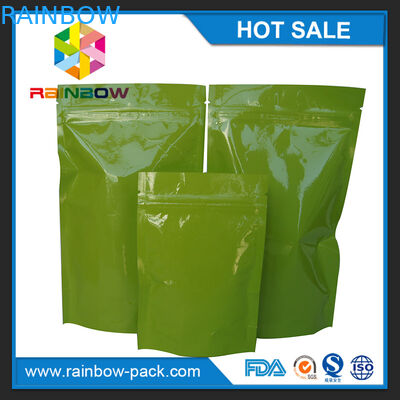 Aluminum foil Stand up customized logo Green printed  tea packaging bag with zipper and tear notches