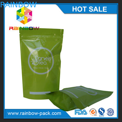Aluminum foil Stand up customized logo Green printed  tea packaging bag with zipper and tear notches