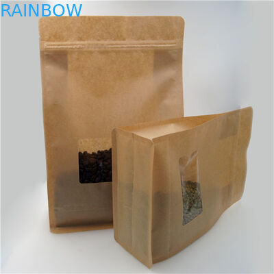 Square Brown Kraft Paper Bag With Clear Window , Zip Lock Coffee Pouch