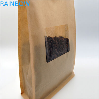Square Brown Kraft Paper Bag With Clear Window , Zip Lock Coffee Pouch