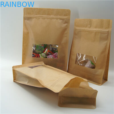 Square Brown Kraft Paper Bag With Clear Window , Zip Lock Coffee Pouch