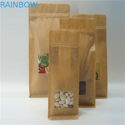 Square Brown Kraft Paper Bag With Clear Window , Zip Lock Coffee Pouch