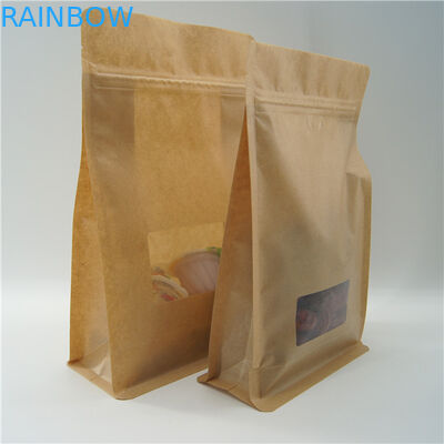 Square Brown Kraft Paper Bag With Clear Window , Zip Lock Coffee Pouch