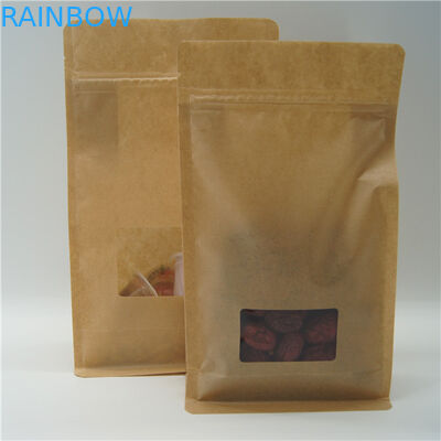 Square Brown Kraft Paper Bag With Clear Window , Zip Lock Coffee Pouch