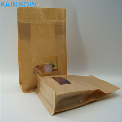 Square Brown Kraft Paper Bag With Clear Window , Zip Lock Coffee Pouch
