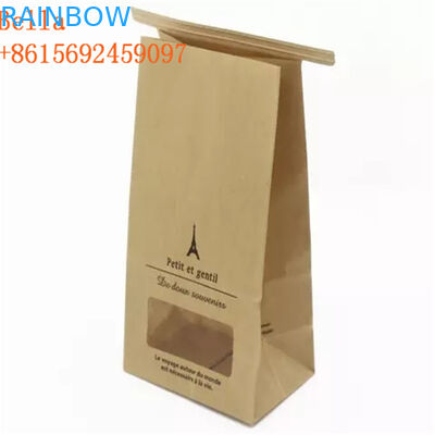 Square Block Customized Paper Bags Flat Bottom Window Kraft Paper For Coffee Bean
