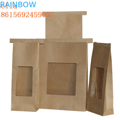 Square Block Customized Paper Bags Flat Bottom Window Kraft Paper For Coffee Bean