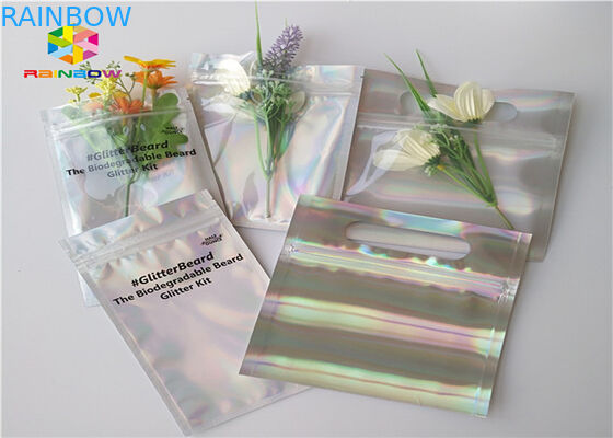 Laser Mylar foil pouch with clear side for nail polish glitter powder packing cosmetic hologram foil packaging bags