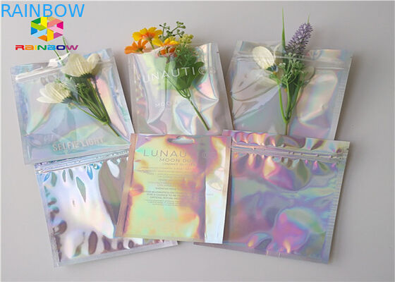 Laser Mylar foil pouch with clear side for nail polish glitter powder packing cosmetic hologram foil packaging bags