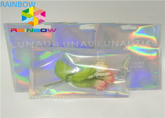 Laser Mylar foil pouch with clear side for nail polish glitter powder packing cosmetic hologram foil packaging bags