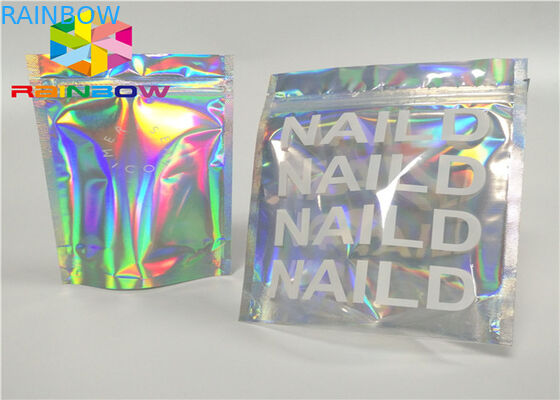 Laser Mylar foil pouch with clear side for nail polish glitter powder packing cosmetic hologram foil packaging bags