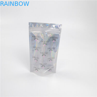 Shinny Glossy Hologram Cosmetic Packaging Bag Biodegradable With Transparent Front