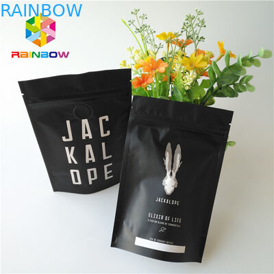 Matte Black Metallic Foil Pouch Stand Up 2 Oz Coffee Bags With Zipper / Valve