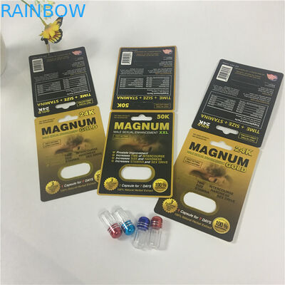 Mangum Gold Capsule Pill Blister Card Packaging Silk Printing With Insert / Bottle