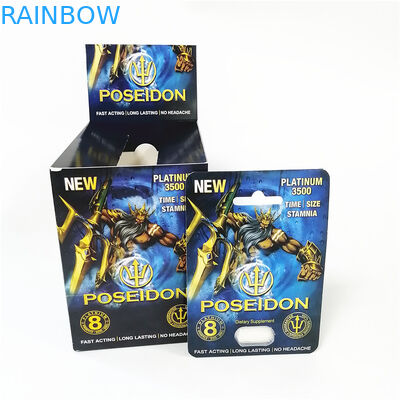 custom printing paper cards tear notch line boxes blue red Poseidon card box with blister