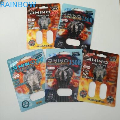 Sexual Enhancement Pills Packaging Rhino Max 150K 3D Blister Cards With Paper Box For Powder Sex Capsule