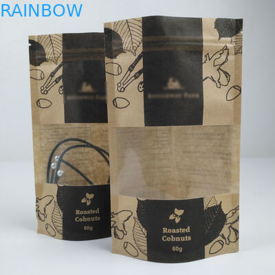 Recycle Stand Up Pouch Food Grade Zip Lock Heat Seal Printed Biodegradable Custom Food Kraft Paper Bag With Clear Window