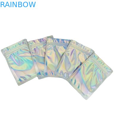 Customized Logo Zip Lock  Bags Flat Holographic Film Mini Mylar Three Side Seal