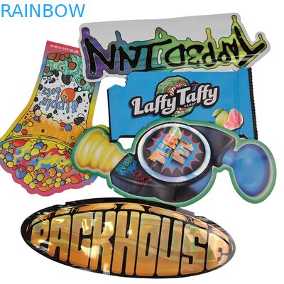 Resealable Zipper Holographic Shape Die Cut Mylar Bags Aluminum Foil Heat Seal Die Cut Irregular Pouch For Mushroom Gummies