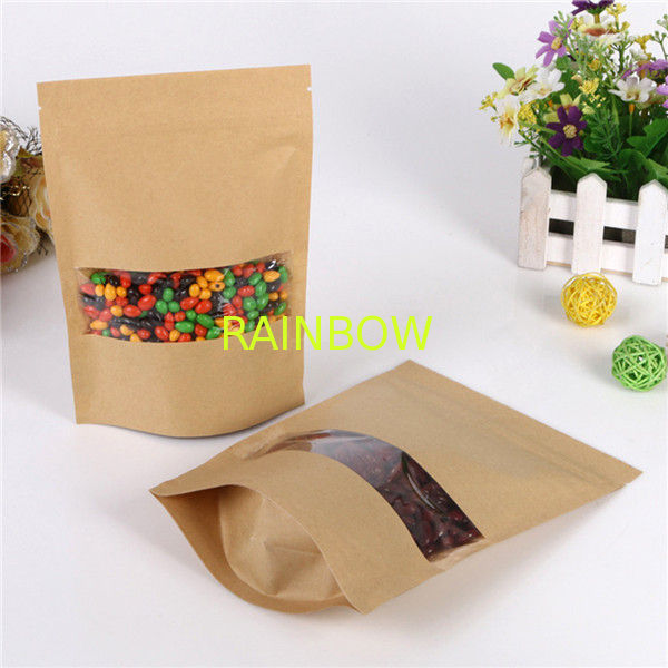 Mylar Zipper Kraft Paper Bag With Clear Window For Coffee Bean / Cookie / Candy