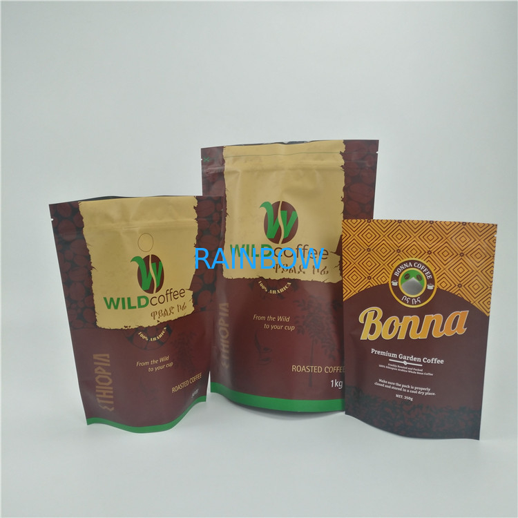 Coffee Beans Custom Printed Stand Up Pouches Clear Bottom Food Packaging With Zipper