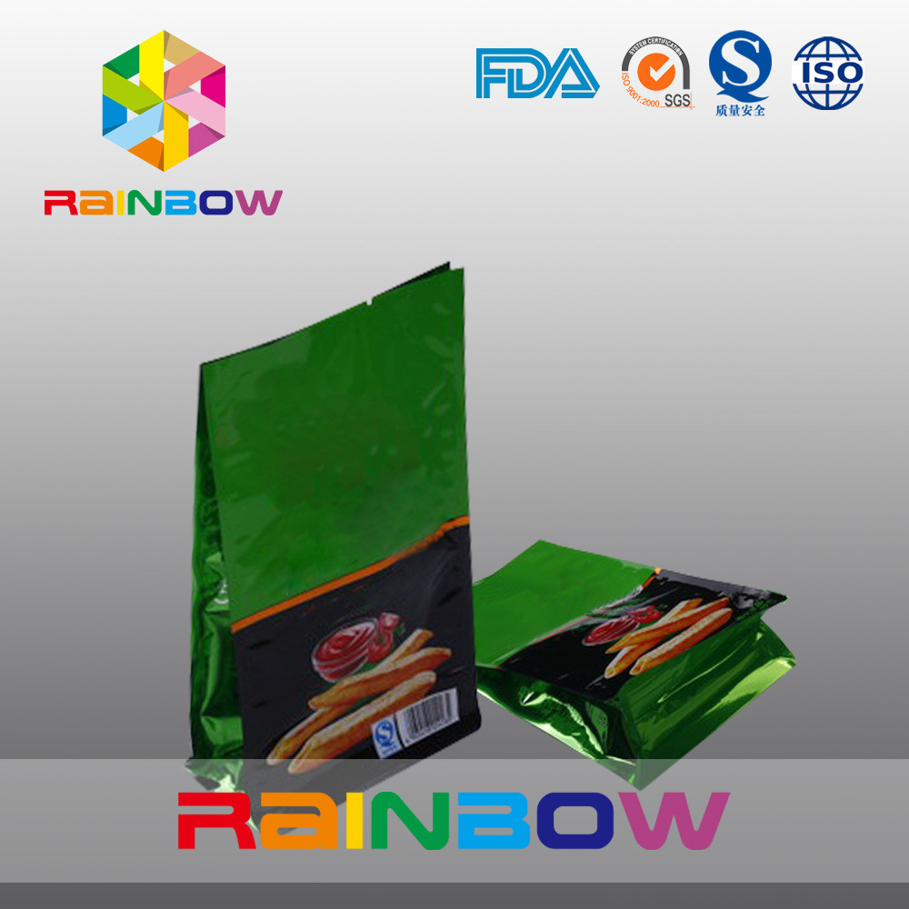 Plastic Shining Finish Flat Bottom Stand Up Chips Packaging Bag With Tear Notch