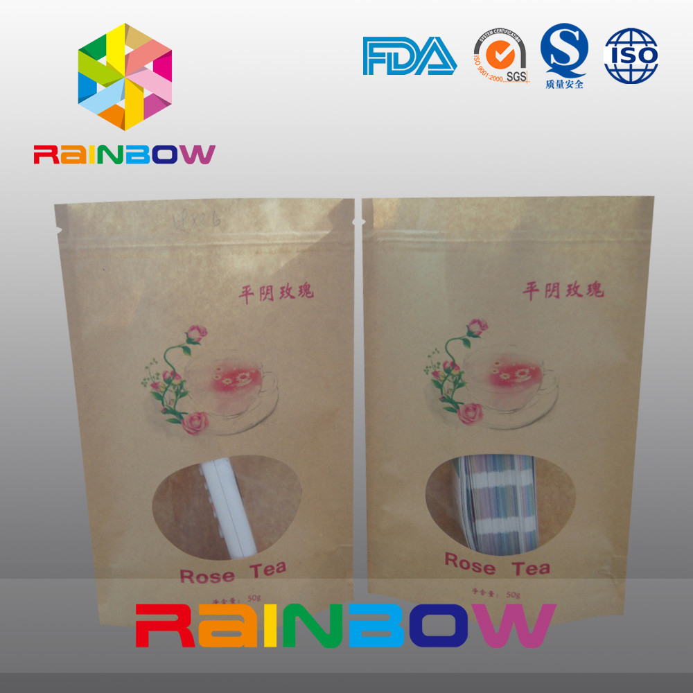 Food Grade Brown Kraft Customized Paper Bags With Front Window And Zipper