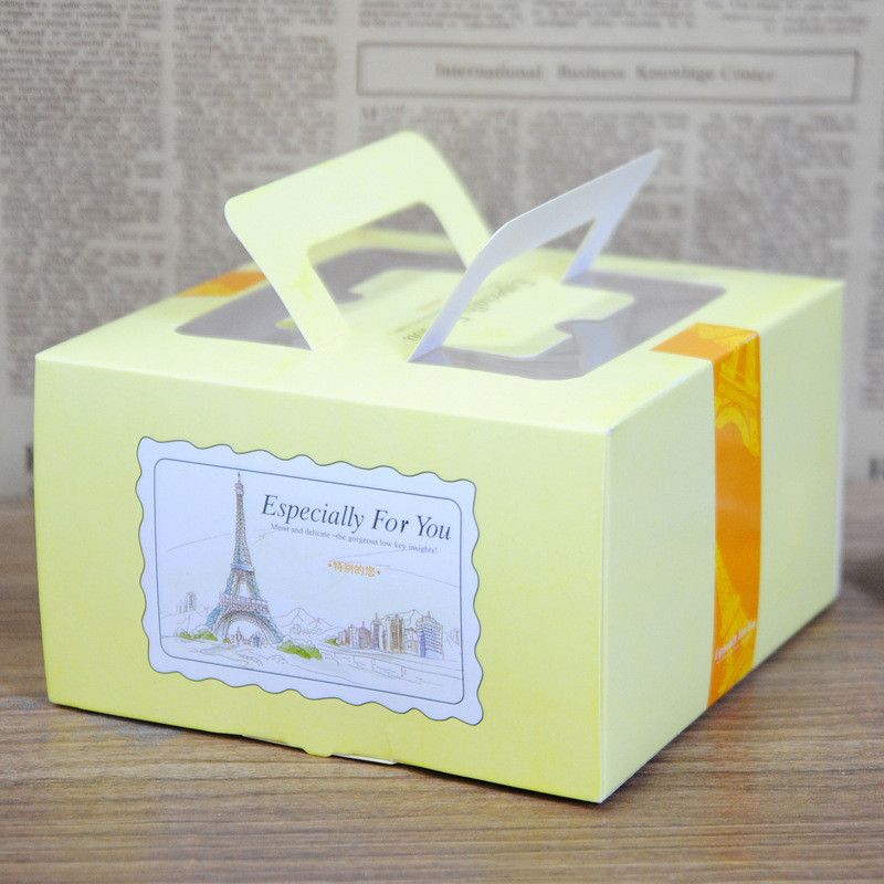 Yellow Paper Box Packaging For Cake Packaging , Foldable Cake Box With Handle
